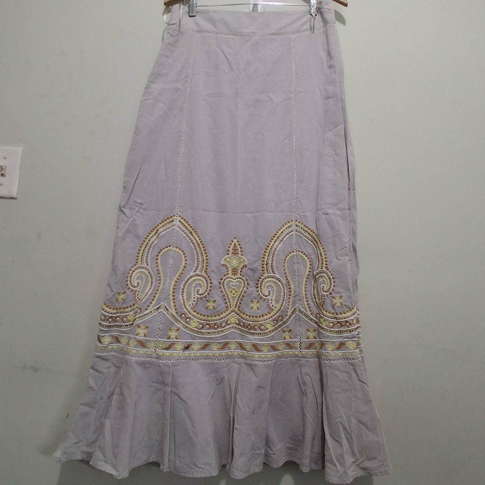 Floreat Anthropologie Embroidered Cotton Maxi Skirt Taupe Grey Size 6 Paisley
